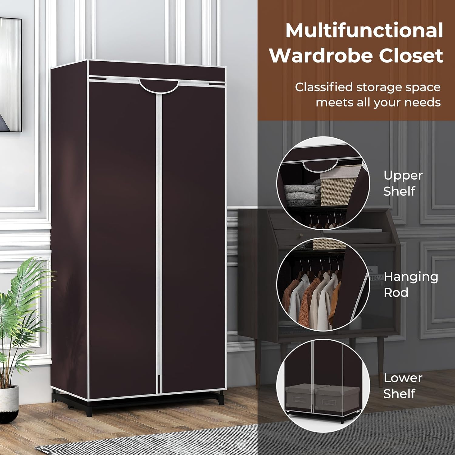 Pendrie en Tissu avec Housse- 74 x 50 x 172CM- 3 Parties d'espace de Stockage-Armoire de Vêtements Imperméable，Café - 4