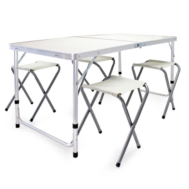 Wiltec Set da campeggio con tavolo pieghevole regolabile in altezza e 4 sedie richiudibili per uso outdoor