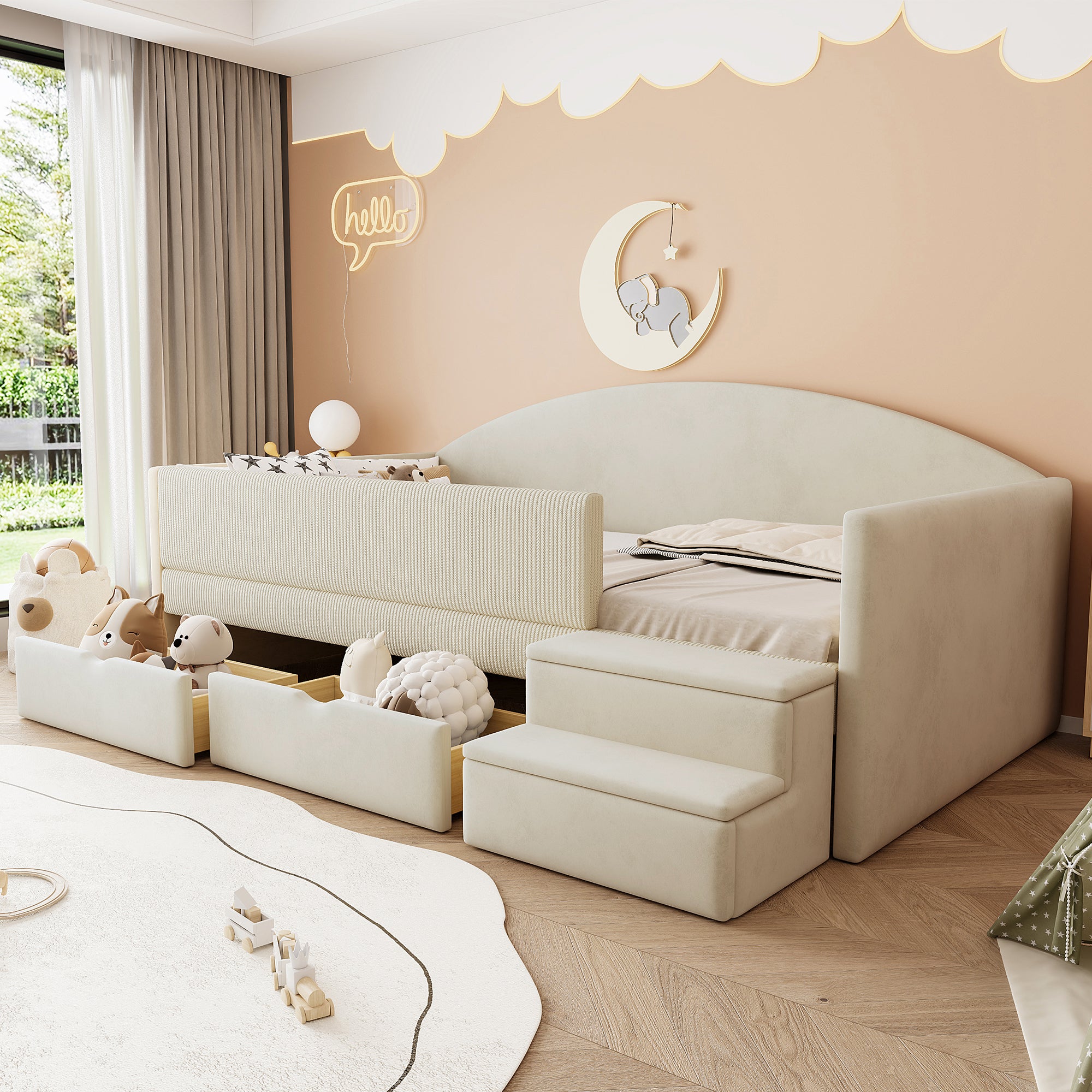 Łóżko tapicerowane 90 x 190 cm z 2 szufladami i schodkami, Sofa rozkładana - Aksamitna - Beżowa (bez materaca)