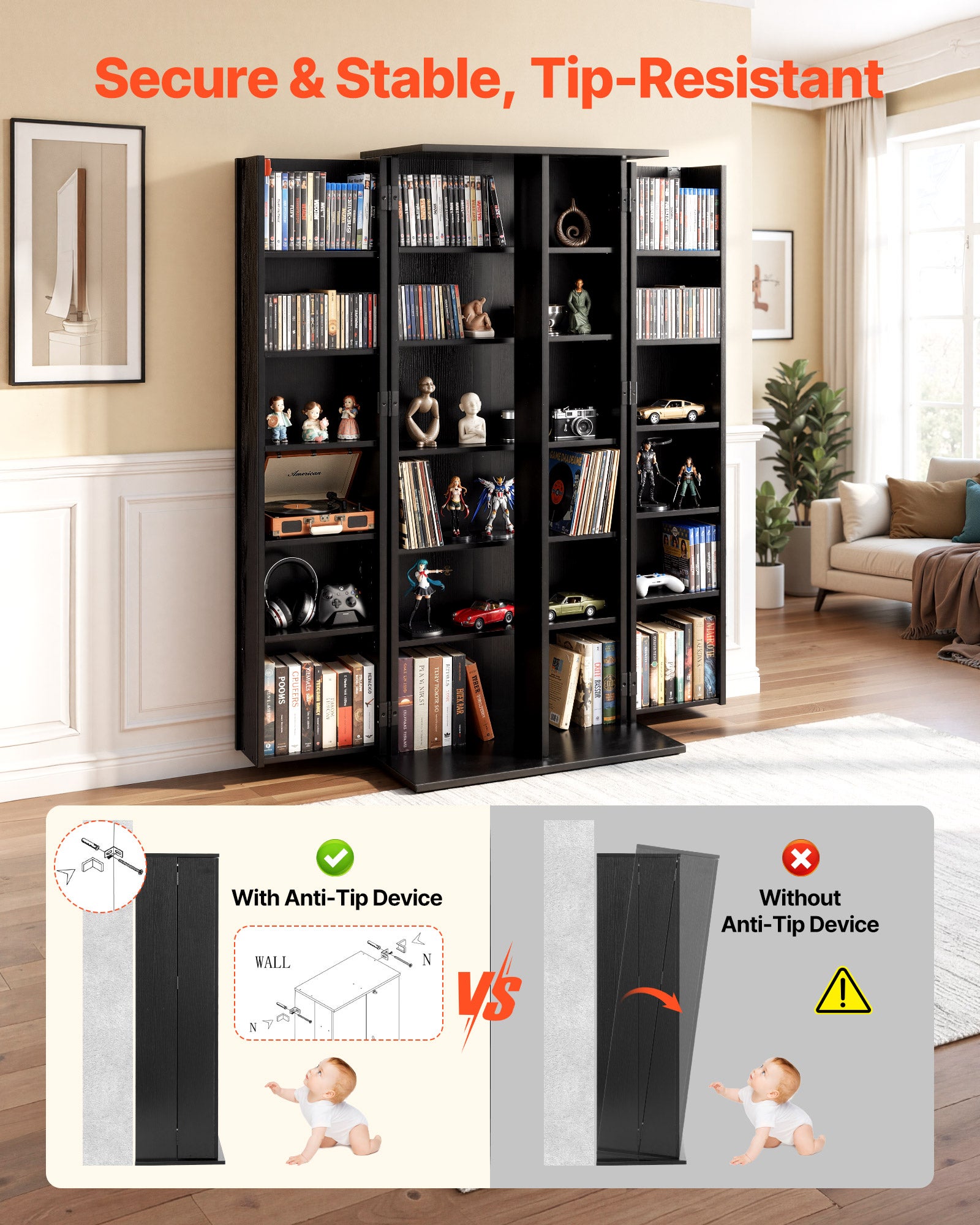 Estante VEVOR, armário multimédia de 6 níveis, estante com portas e prateleiras ajustáveis ​​para CD, DVD, livros e jogos, 610 x 368 x 1270 mm - 4