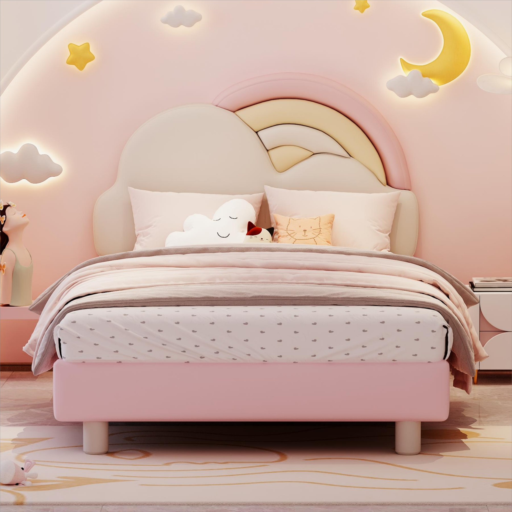 Lit Enfant 90x200 En Forme De Nuage Avec LEDs Multicolores - Tête De Lit Fleur - Rembourré Et Réglable