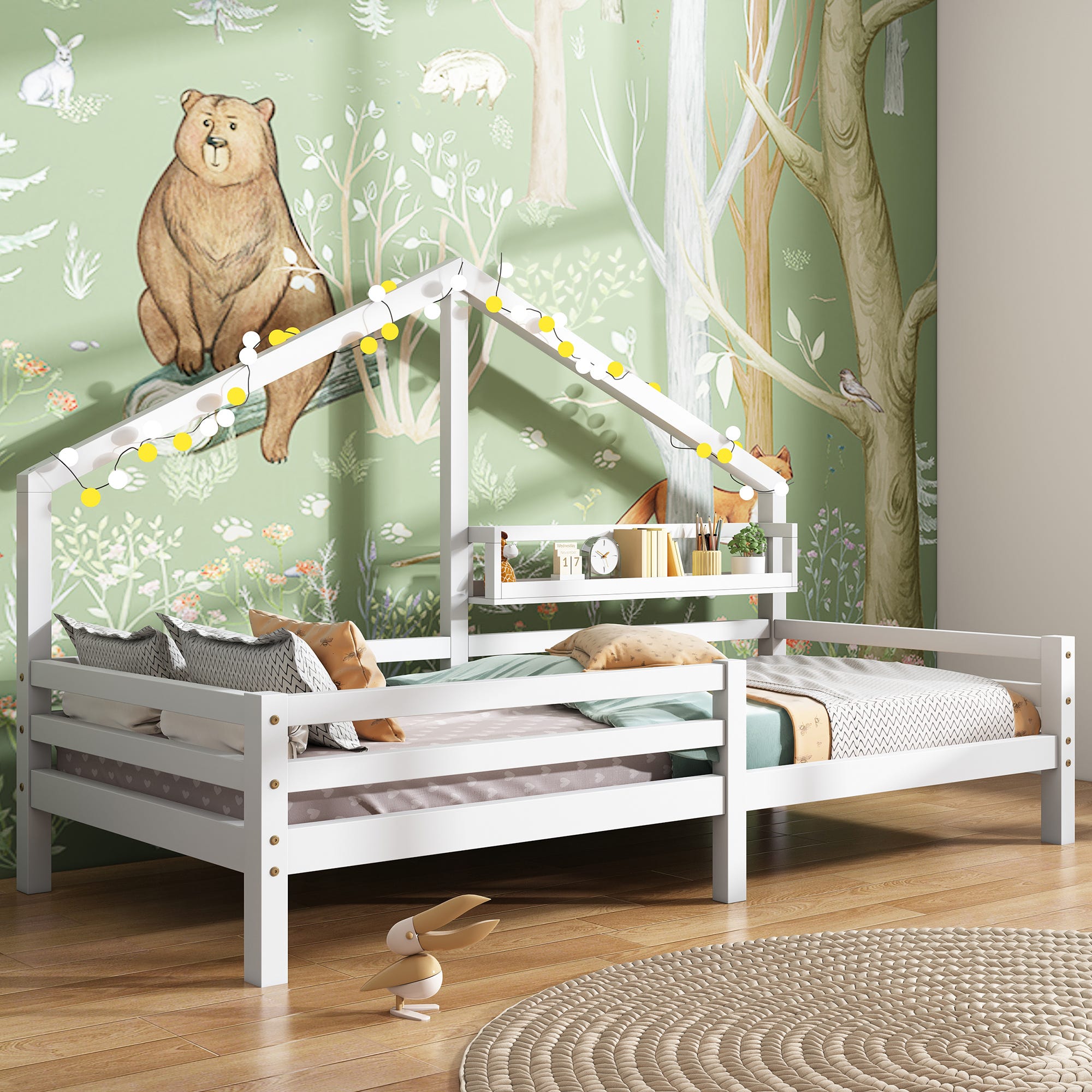 Lit Cabane En Bois 90x200 Cm Avec Tiroir Et Table De Chevet Amovible - Pour Adolescent, Blanc - Sans Matelas