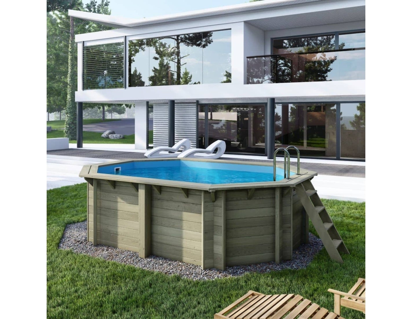 Piscine en bois NEMO 4.3 x 3 - H.1.18 m, bleu pâle, fixations à visser ...