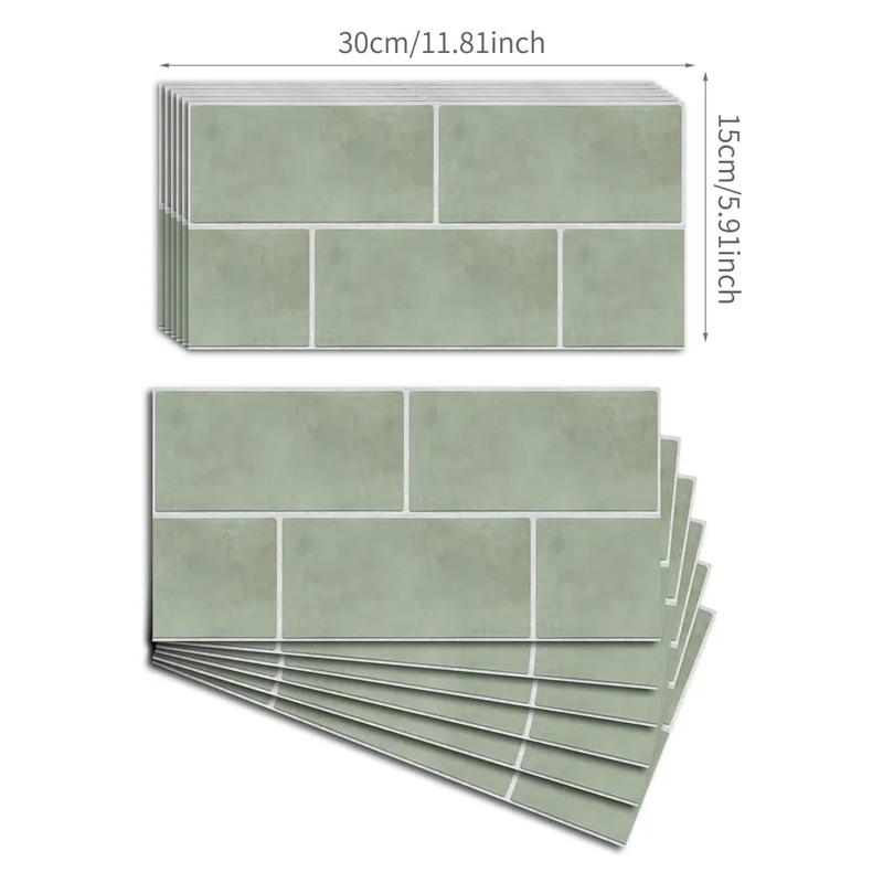 Juego de 10 pegatinas de vinilo impermeables para azulejos de pared de cocina y baño, verde salvia retro, 30 x 15 cm - 4
