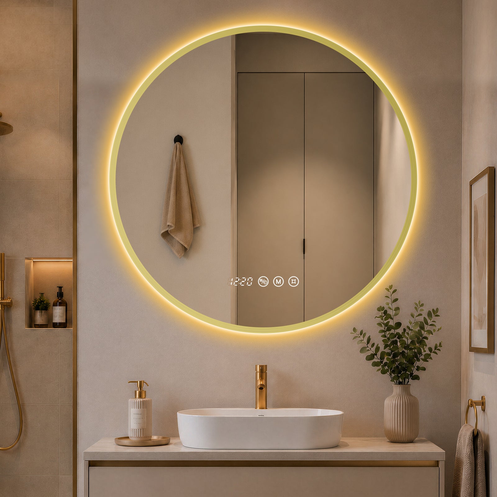 Lustro łazienkowe LED okrągłe 80 cm z złota ramą, lustro podświetlane z funkcją przeciwmgielną, 3 barwy światła, zegar, temperatura, pamięć, IP65