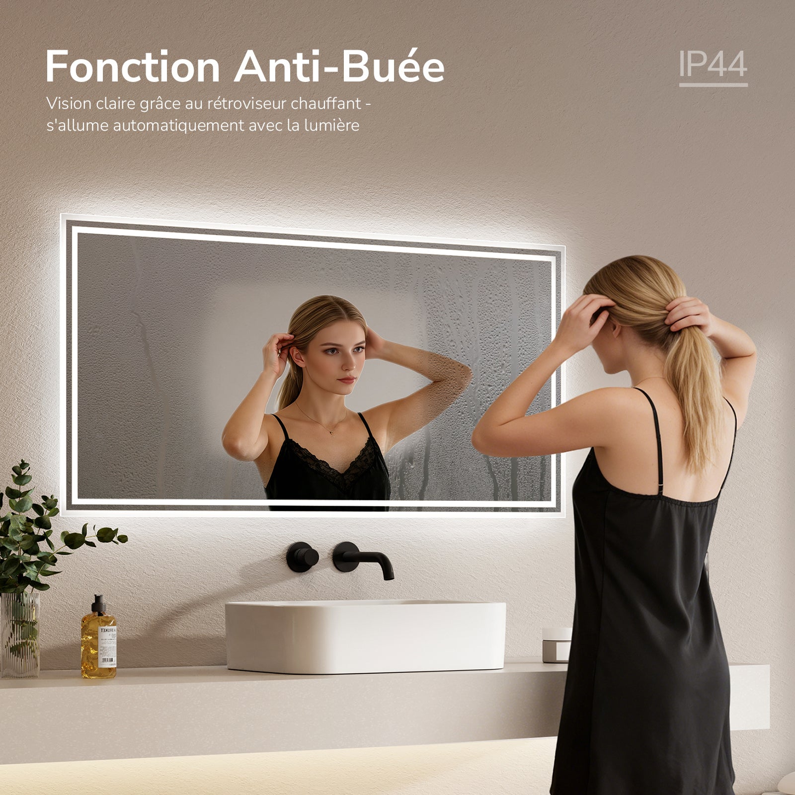 EMKE Specchio con illuminazione integrata 120 × 60 cm, con interruttore a pulsante, funzione antiappannamento e memoria, luce 3000K/6500K - 4