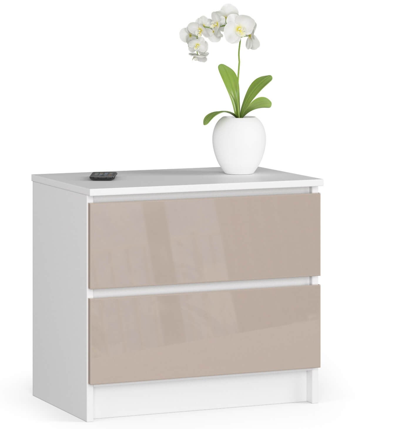 Stolik nocny: 2 szuflady, kolor biały | połyskujące cappuccino, szer.: 60 cm, wys.: 55 cm, gł.: 40 cm.