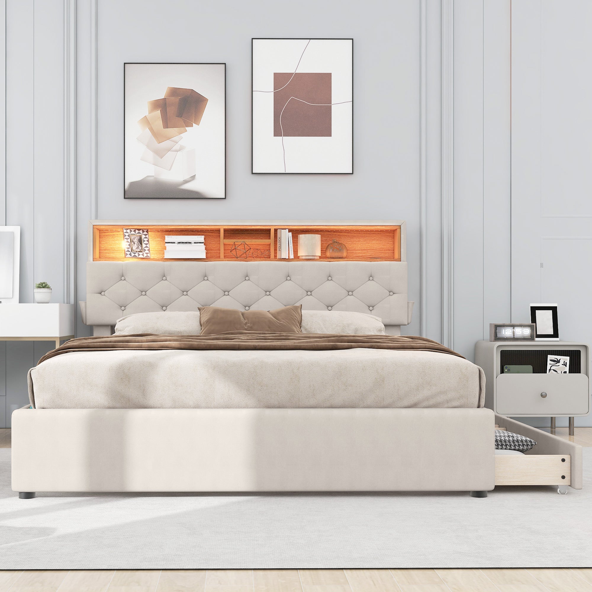 Lit Double Rembourré 140 X 200 cm 2 Tiroirs Avec Espace De Rangement - Tête De Lit Avec Chargement Usb et LED - Beige - 2