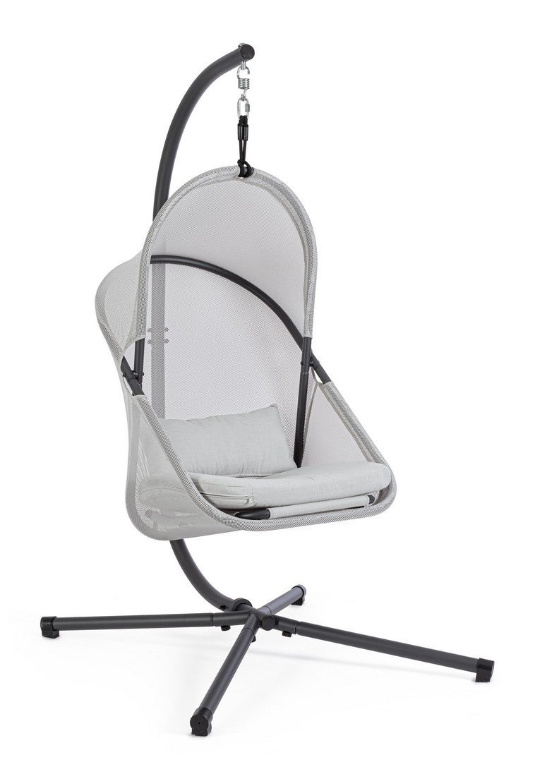 Fotel wiszący ze stalowymi słupkami i konstrukcją pokrytą siateczką, zdejmowane poduszki, szary