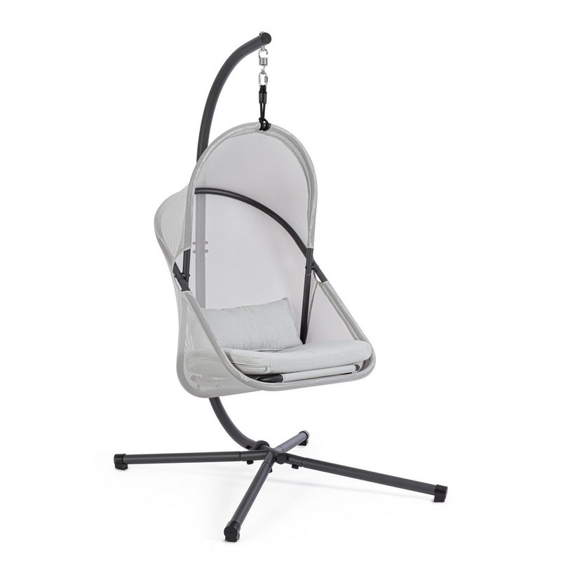 Fotel wiszący ze stalowymi słupkami i konstrukcją pokrytą siateczką, zdejmowane poduszki, szary