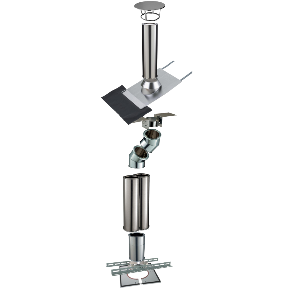 Kit conduit isolé sortie toiture avec dévoiement Inox-Galva et Inox-Inox Ø150 Poujoulat - Déport 21 cm / Longueur 381 cm - 2