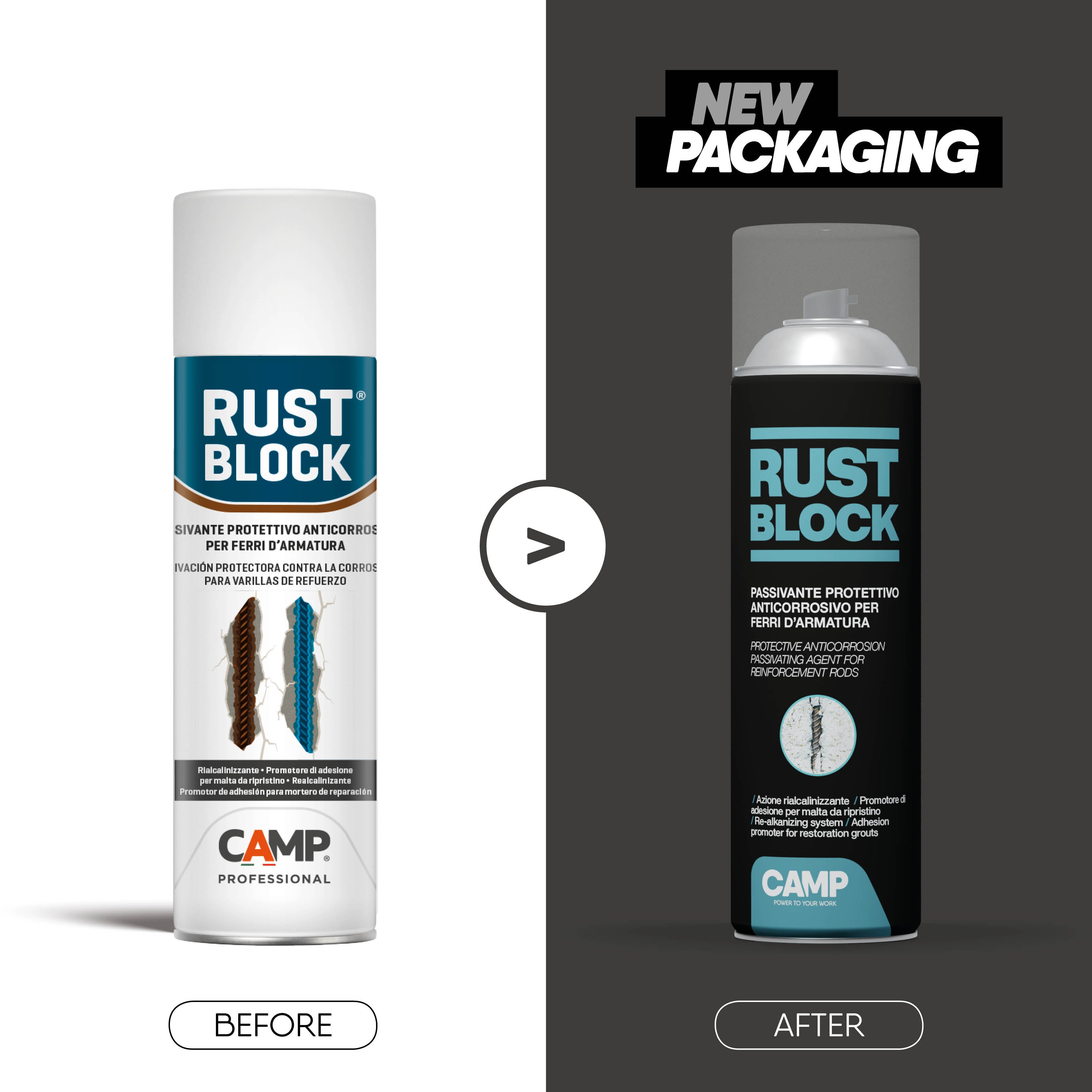 Camp RUST BLOCK PASSIVANTE, Protettivo anticorrosivo per ferri d'armatura, Spray pronto all'uso, Promotore di adesione per malte - 2