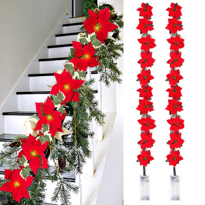 Ghirlanda Natalizia Per Scale Con Luci LED - Decorazione 45x20 Cm In PVC, Con Pigne E Bacche, Per Finestre, Porte, Camini, Giardino, Rosso