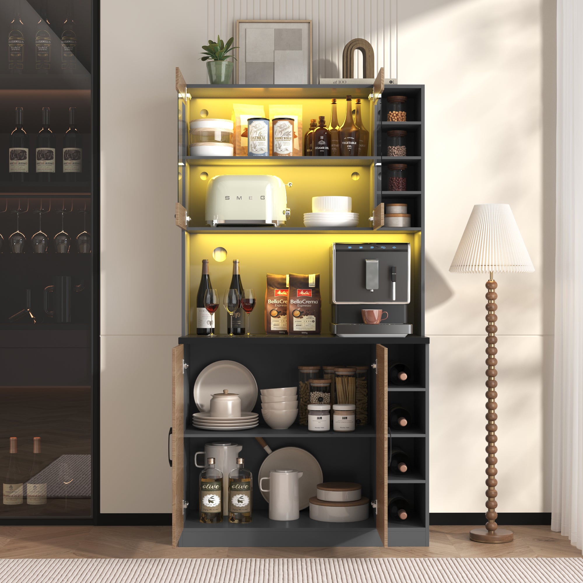 Kredens kuchenny 100x47x187cm - z LED - 2 drzwi - Naturalny+Czarny
