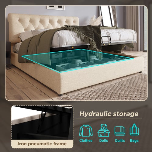 Lit coffre 140x200cm Lit capitonné double avec rangement hydraulique et tête de lit réglable Structure métallique avec sommier - naturel - 7