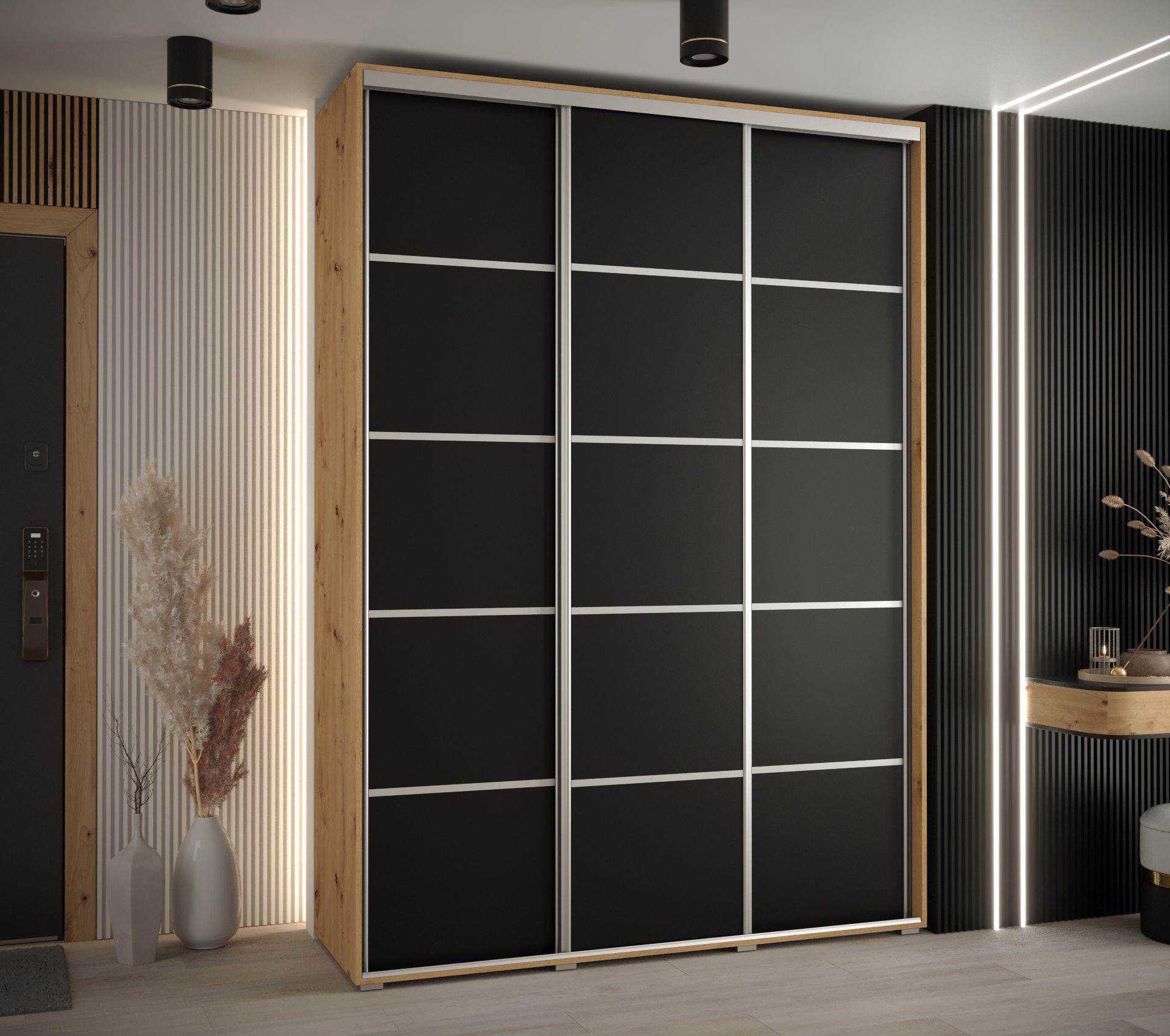 Szafa przesuwna wysoka Davos 4 170 x 60 x 235,2 cm artisan + czarmy + u. srebrny - Abiks Meble - 2