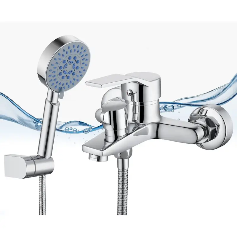 Bateria Wannowa z Ręcznym Prysznicem, Mieszacz Mosiężny 5-Funkcyjny, Bateria Ścienna do Wanny, Chromowana, Zawiera Uchwyt Ścienny i Wąż 150 cm