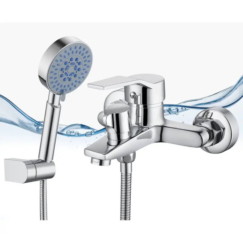 Bateria Wannowa z Ręcznym Prysznicem, Mieszacz Mosiężny 5-Funkcyjny, Bateria Ścienna do Wanny, Chromowana, Zawiera Uchwyt Ścienny i Wąż 150 cm