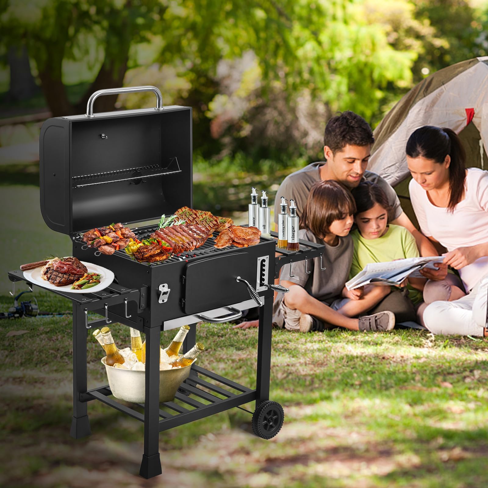 TEENO Chariot barbecue au charbon XXL, grand four à fumigation, noir - 2