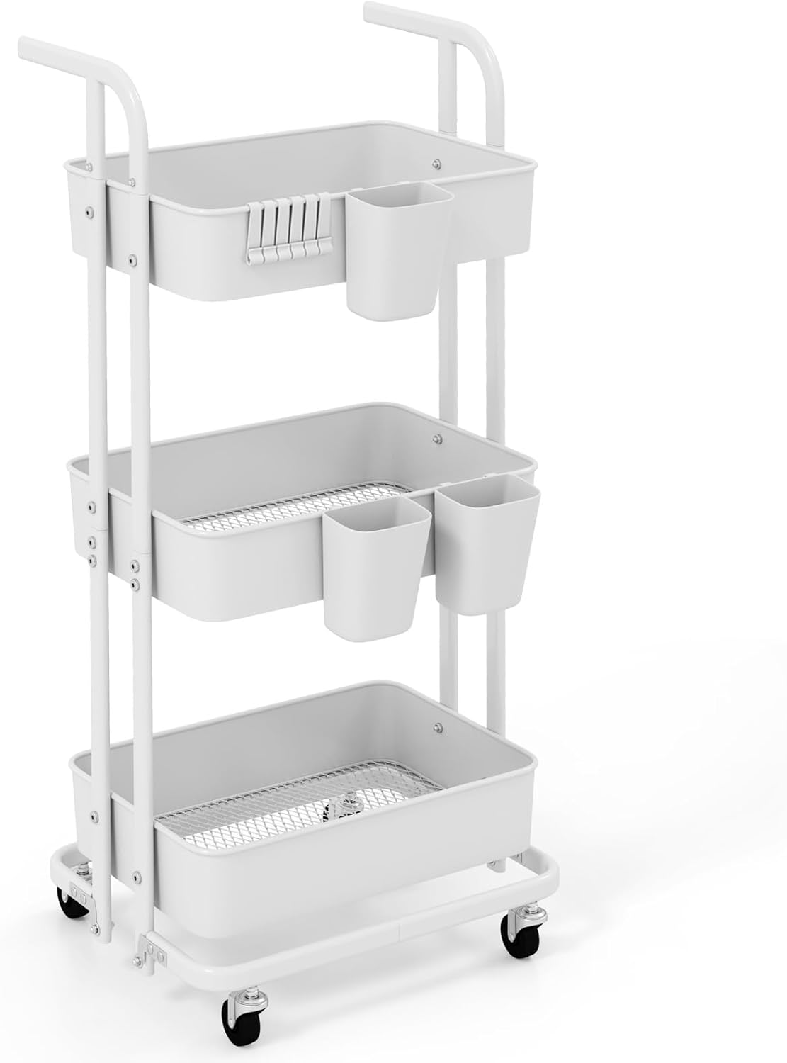 Składany Wózek na Kółkach z 3 Poziomami, Składany Wózek Kuchenny z 3 Zawieszanymi Kubkami, Wózek Serwisowy do Kuchni, Salonu, Jadalni