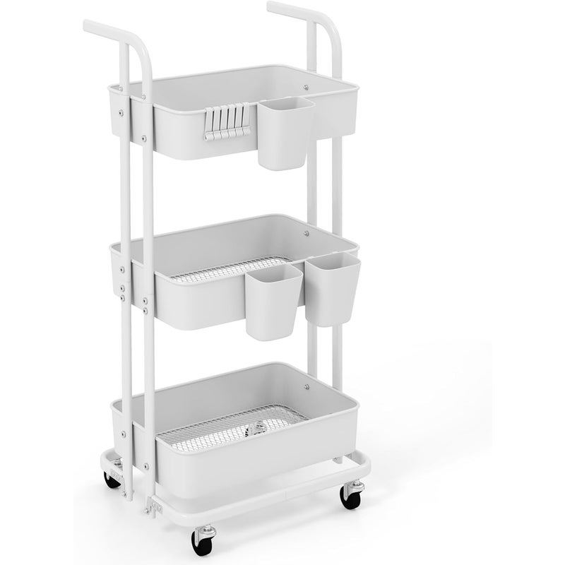 Składany Wózek na Kółkach z 3 Poziomami, Składany Wózek Kuchenny z 3 Zawieszanymi Kubkami, Wózek Serwisowy do Kuchni, Salonu, Jadalni