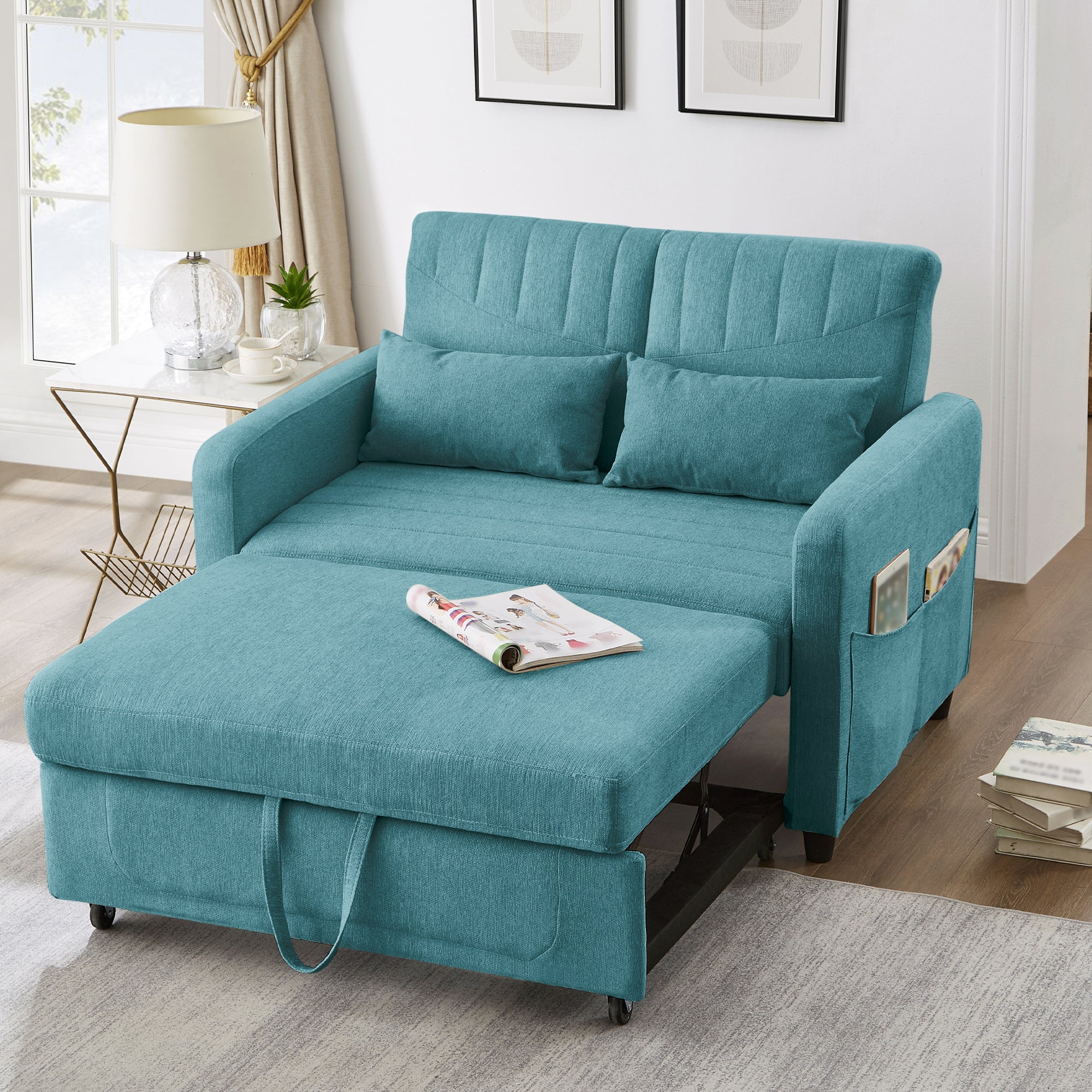 Sofa 2-osobowa rozkładana z 3-stopniową regulacją oparcia - 114 x 77 x 82,5 cm - Tkanina bawełniano-lniana - Niebieska