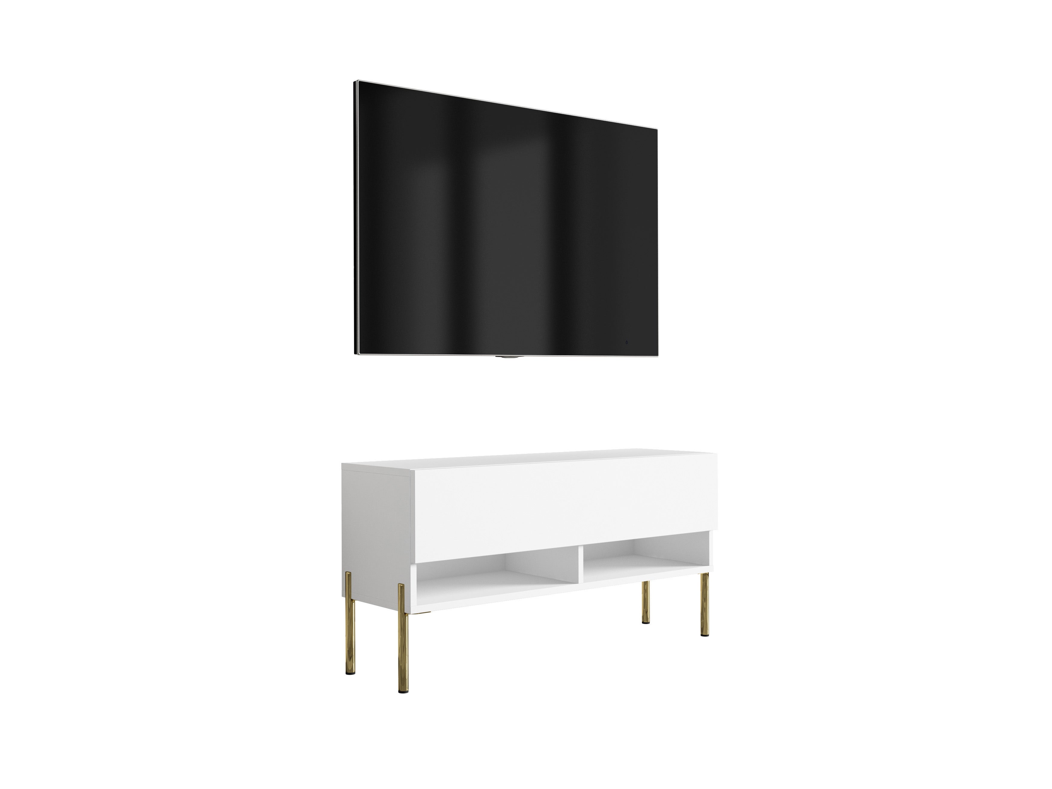 Szafka RTV : Biały Mat, nóżki proste złote, 100 × 32 × 52 cm