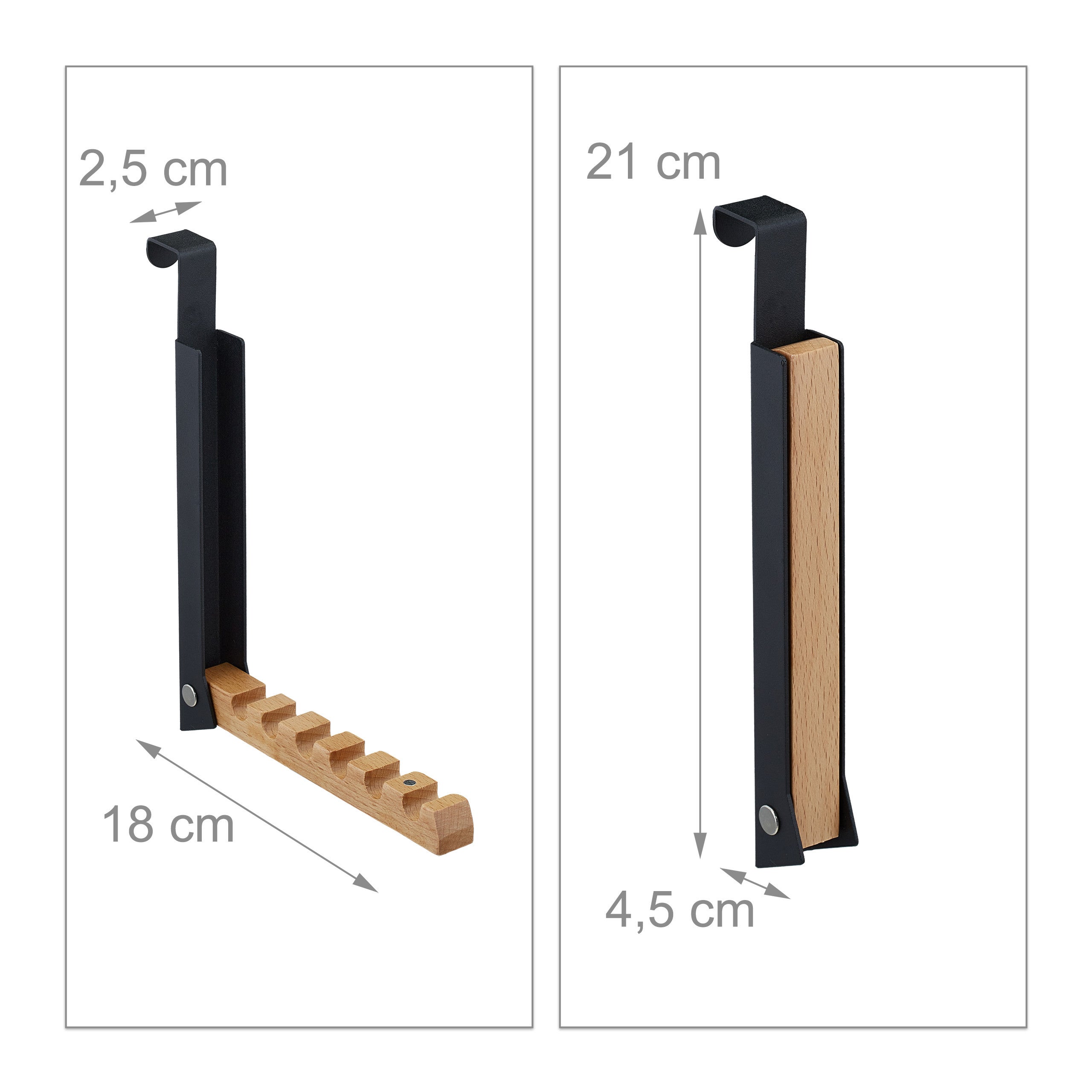 Appendiabiti da Porta Pieghevole, 6 Ganci, da Appendere, per Porte Spesse 2 cm, in Metallo e Legno, Nero, Relaxdays - 4