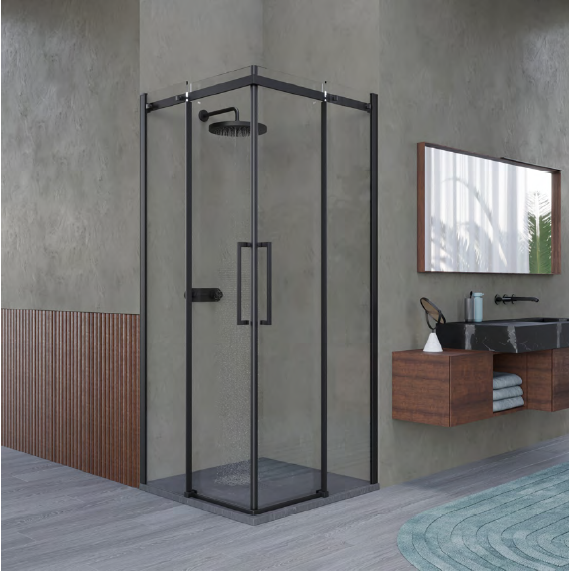 Box Doccia 90x70 Scorrevole Con Telaio Nero E Ante In Vetro Serigrafato - City, Moderno E Pratico