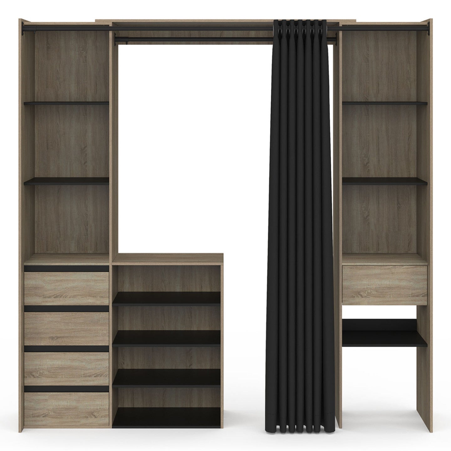 Dressing extensible double XXL MERYL 120/180 cm hêtre avec tiroirs + étagères + penderie + rideau noir - 3