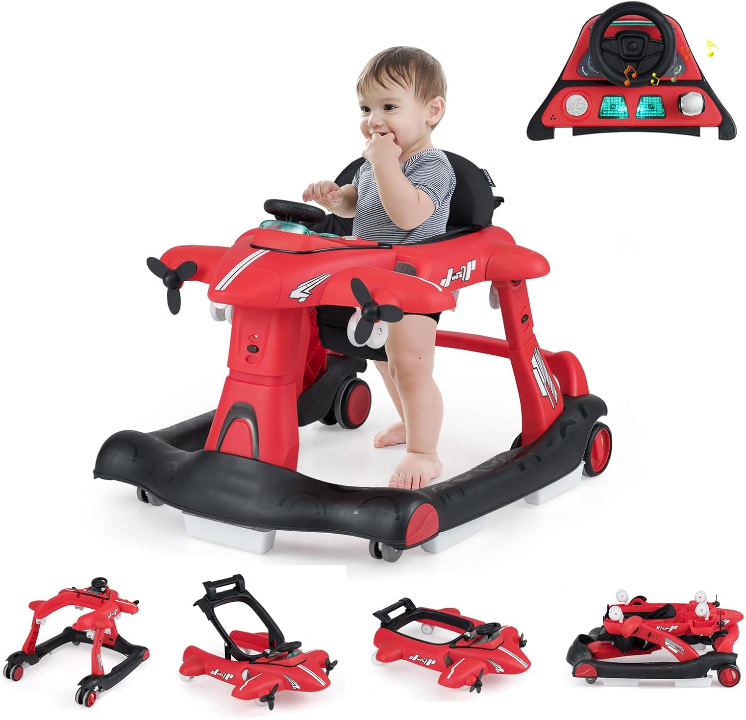 Składany Chodzik dla Niemowląt z 3 Regulowanymi Wysokościami, Cichym Kółkiem, Muzyką, Światłami, Miękką Poduszką (Czerwony)