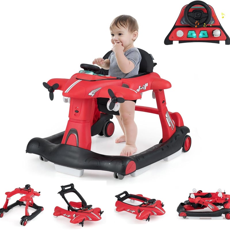 Składany Chodzik dla Niemowląt z 3 Regulowanymi Wysokościami, Cichym Kółkiem, Muzyką, Światłami, Miękką Poduszką (Czerwony)