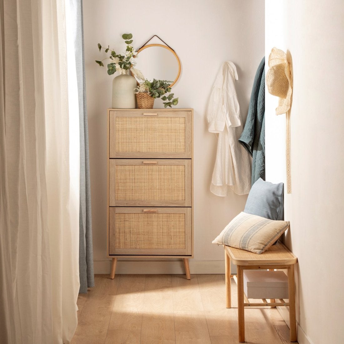 Scarpiera stretta in legno naturale e rattan naturale Tahiti - 4