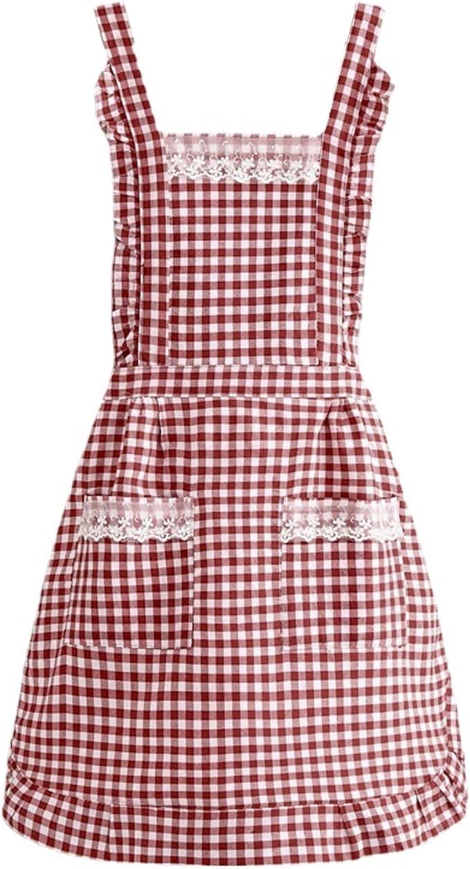 Grembiule Vintage Da Donna, A Quadretti Rossi E Bianchi, In Cotone, Con 2 Tasche, Per Cucina, Forno, Giardinaggio, Regalo Per Mamma