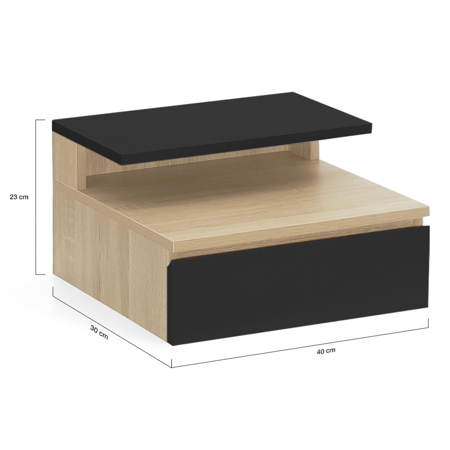 Lot de 2 tables de chevet murales TOMI 1 tiroir + 1 tablette étagère suspendue + 1 tablette façon hêtre et noir - 5