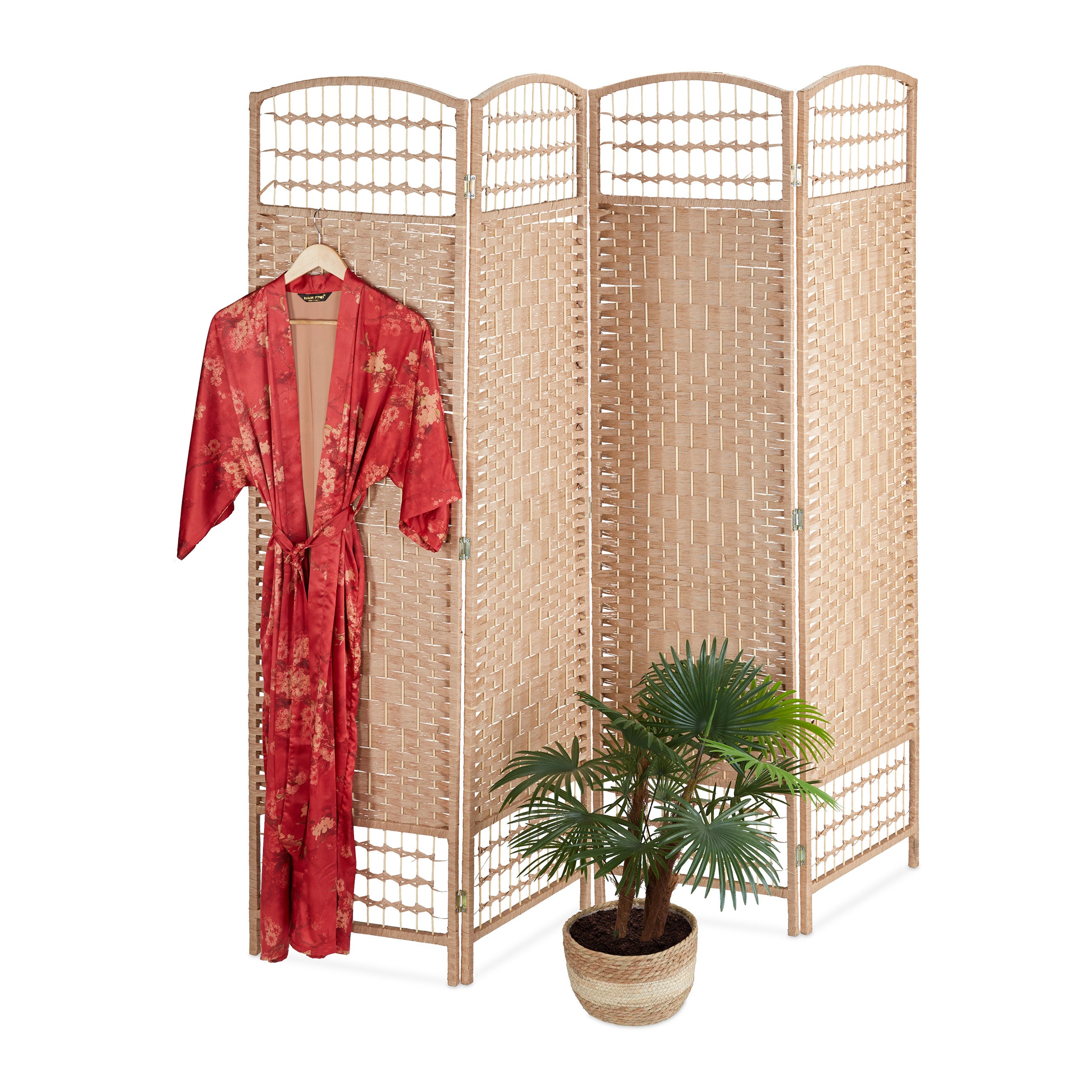 Biombo, 4 paneles, separador ambientes plegable, 180x180 cm, cuerda papel, puntales bambú, natural, relaxdays
