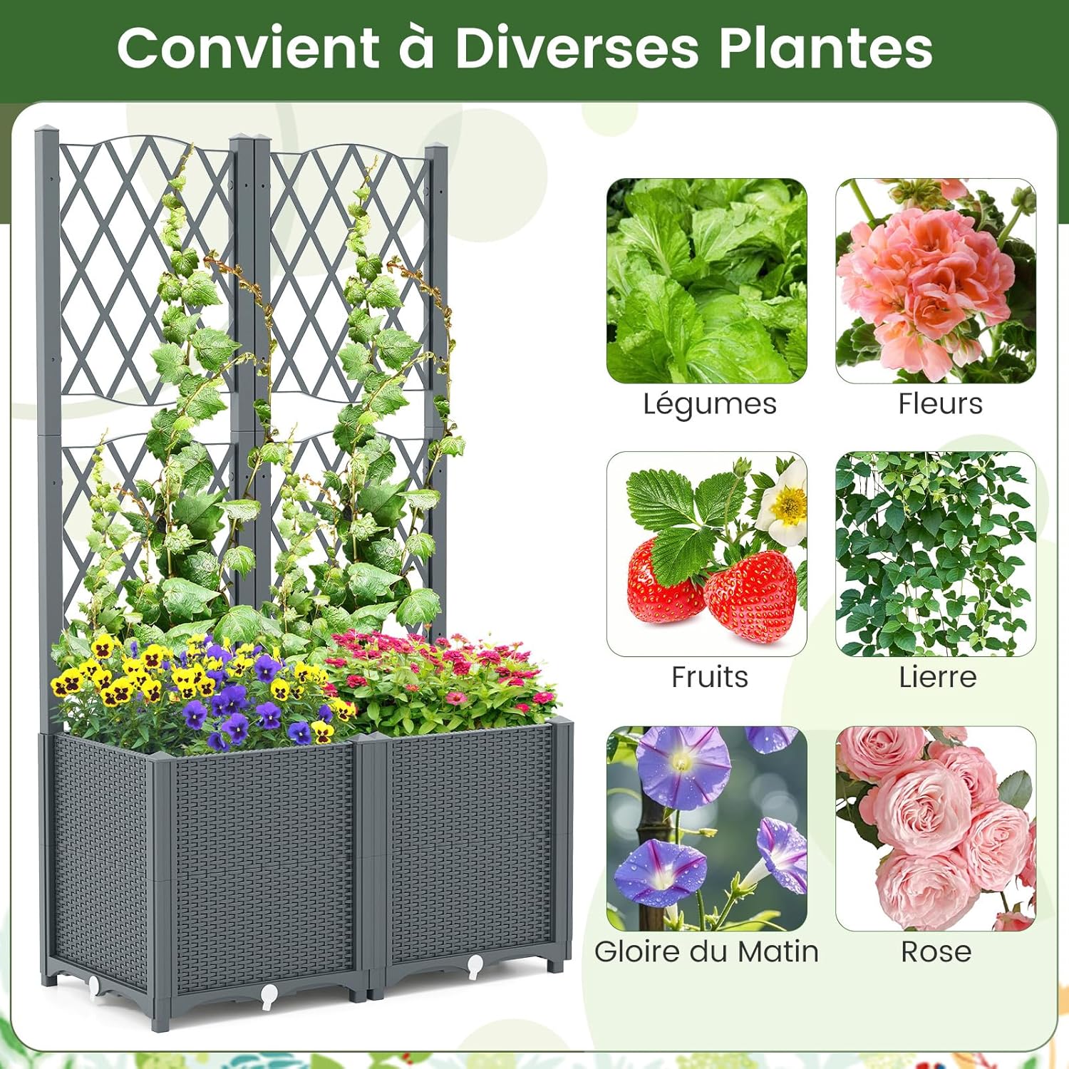 Jardinière avec Treillis sur Pied, Double Bac de Plantation Auto-arrosage en Rotin PP avec Trou de Drainage, Fleurs, Gris, 80 x 40 x 140 cm - 8