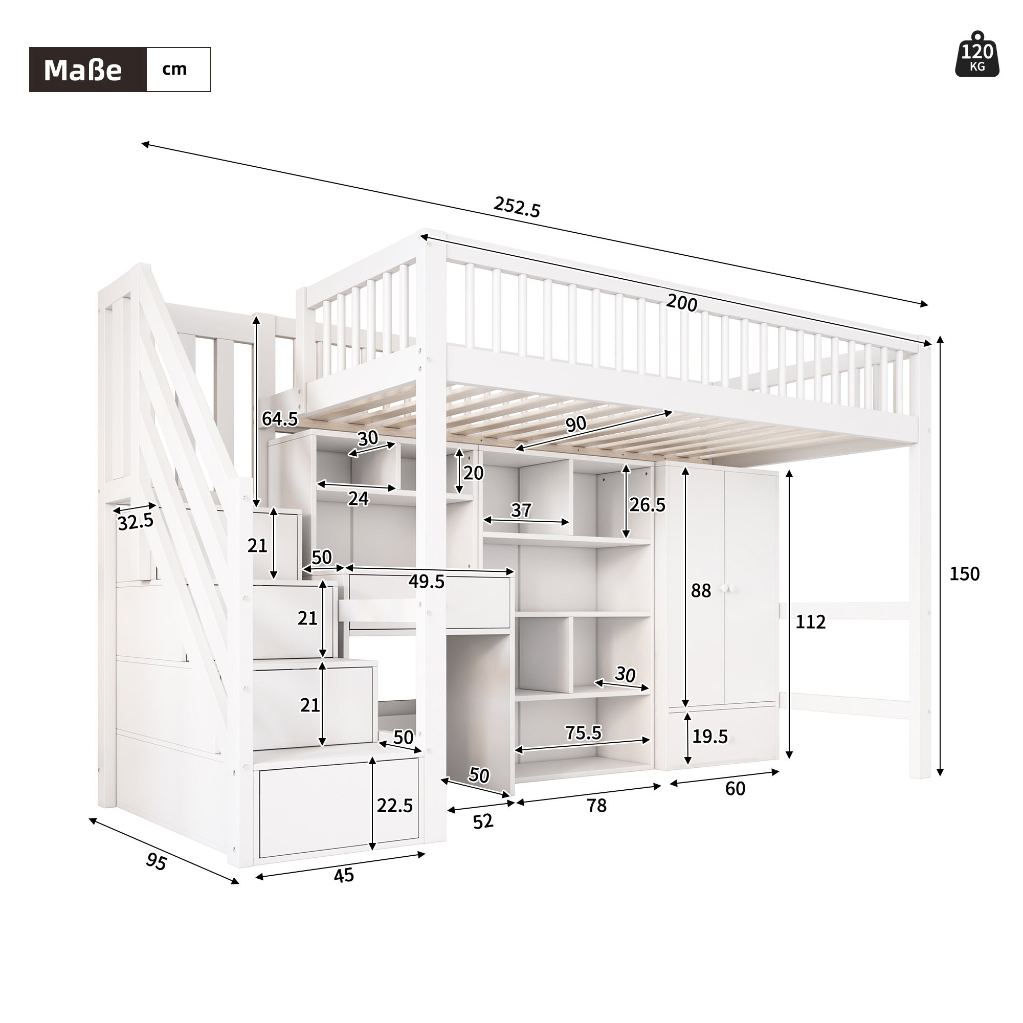 Lit mezzanine multifonctionnel en bois et MDF - 90x200 cm - avec escalier de rangement, bureau et armoire - Blanc(sans matelas) - 5