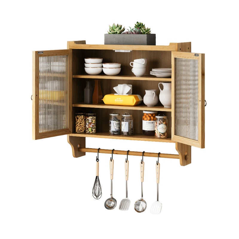 Armario empotrado vintage de madera con puertas acristaladas, 3 estantes y toallero, 63 cm, para baño, cocina y comedor - 6