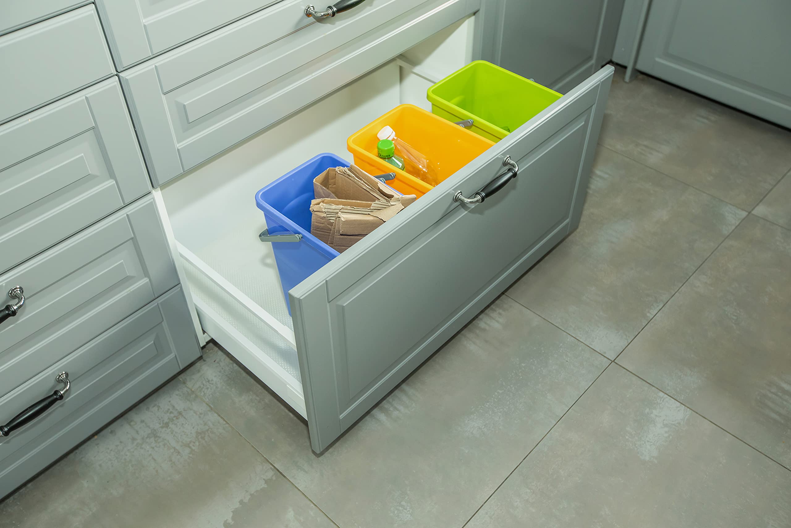 BranQ Home essential Set Universale di 3 cestini per Raccolta differenziata con Pratica Maniglia in Materiale BPA di Alta qualità, Giallo/Verde/Blu, - 2