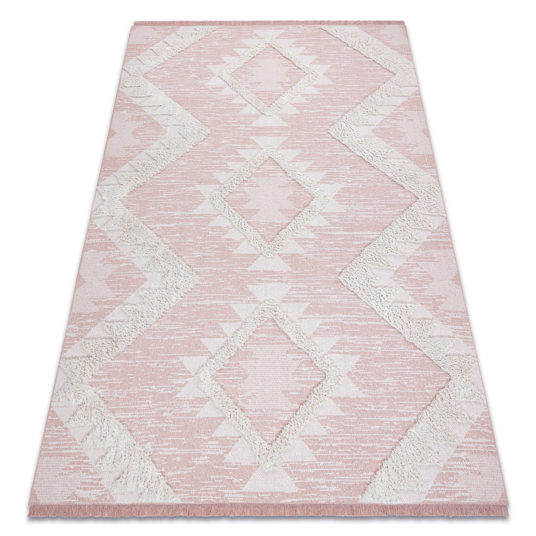 Alfombra eco sisal boho moroc diamantes 22312 franjas - dos niveles de vellón rosado / crema, alfombra reciclada 194x290 cm