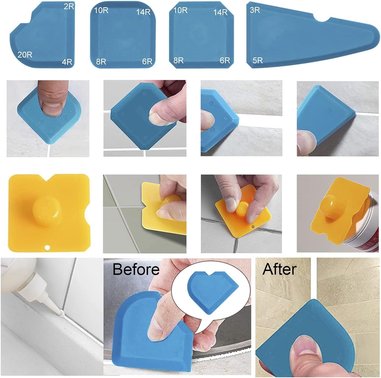 Juego de 13 herramientas para calafatear, 5 en 1, de silicona, para eliminar lechada, sellador y raspador de residuos adhesivos, color verde. - 7