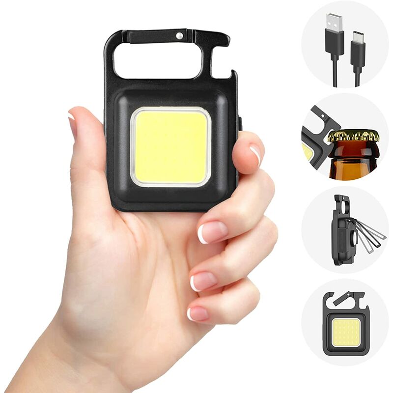 Lanterne mini COB 500 lumeni, breloc, lanternă mică reîncărcabilă, 4 moduri de iluminare, suport pliabil, desfăcător de sticle și magnet