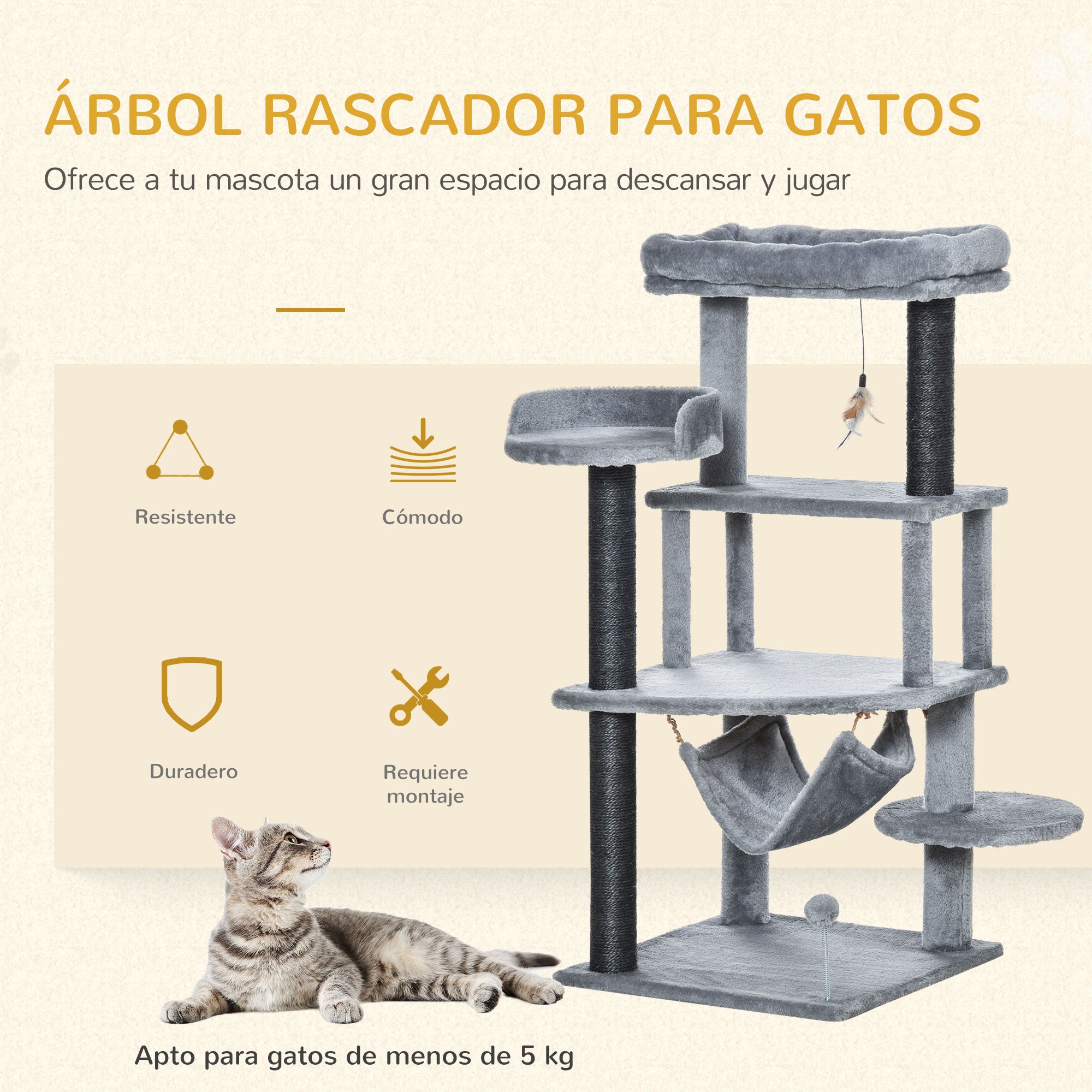 Arranhador para Gatos PawHut Cinzento Aglomerado de Madeira, Pelúcia, Sisal e Feltro 48x48x107cm - 4