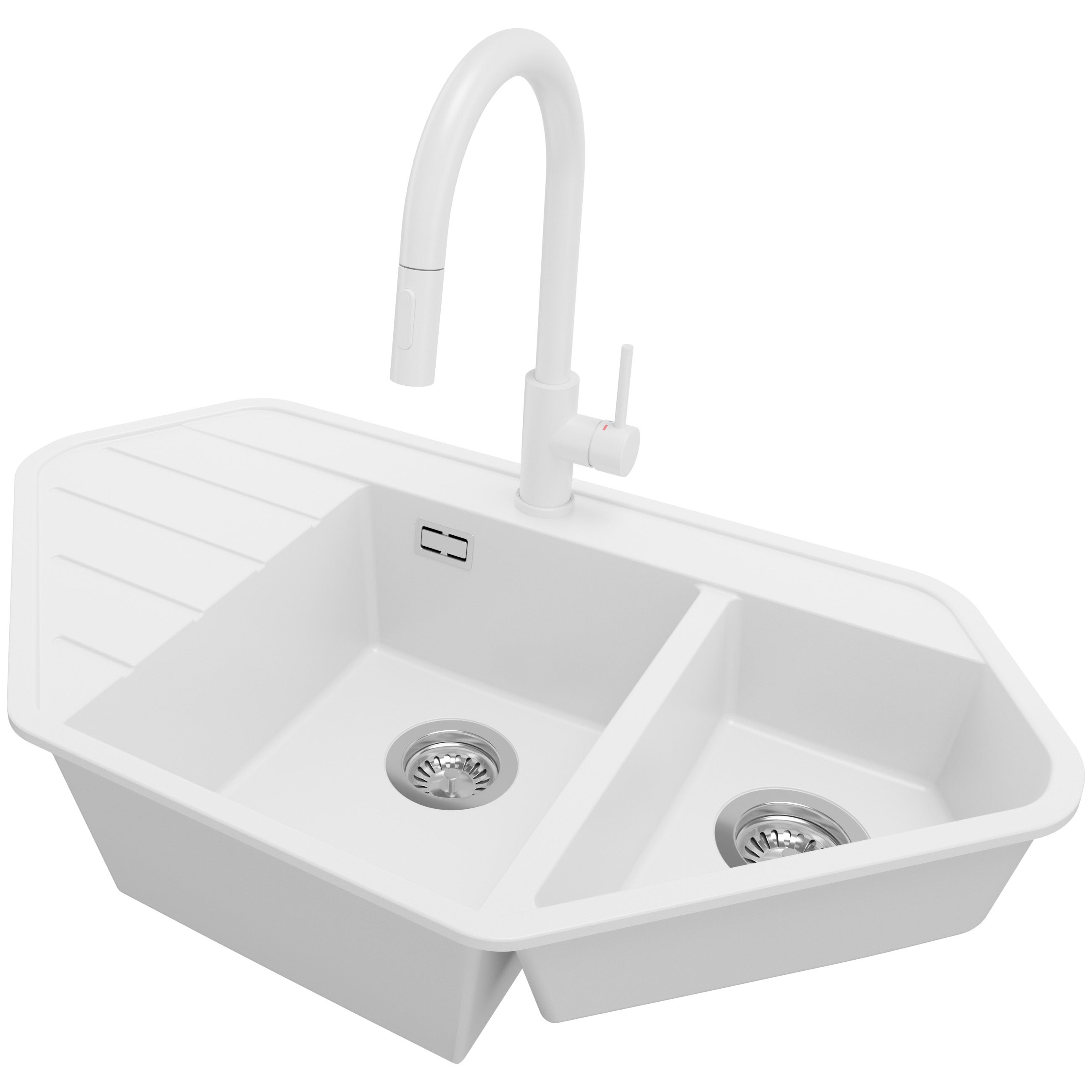 Zlew Granitowy Narożny Biały 90x50cm, Zlew Kuchenny 1,5 Komorowy + Bateria 40x20cm + Syfon, Nablatowy do szafki od 70cm - Kopenhaga Corner PRIMAGRAN