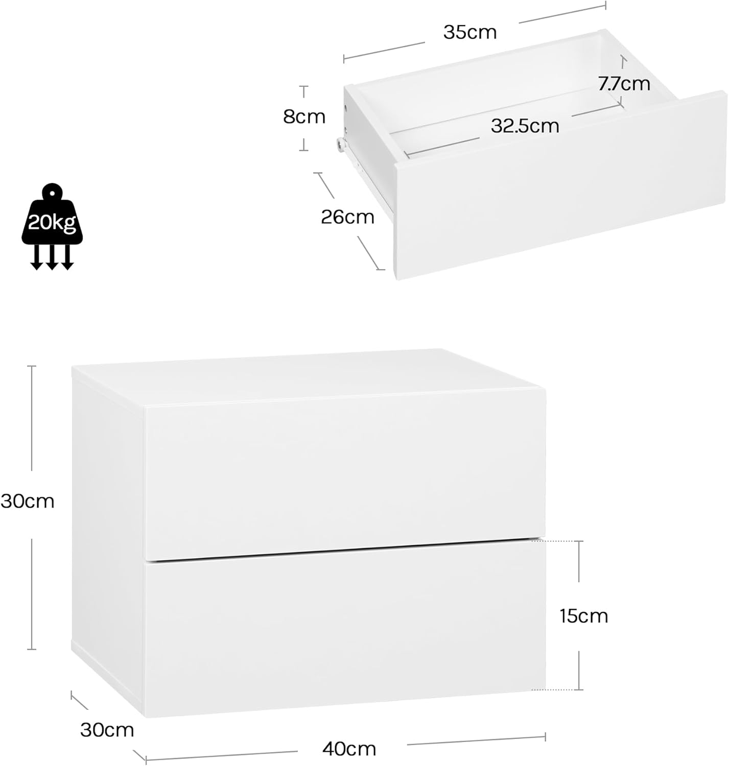 Lot de 2 Table de Chevet Suspendue WOLTU, Table de Chevet Murale avec Tiroir, Mobilier de Chambre en Bois, 40x30x30 cm, Blanc - 4