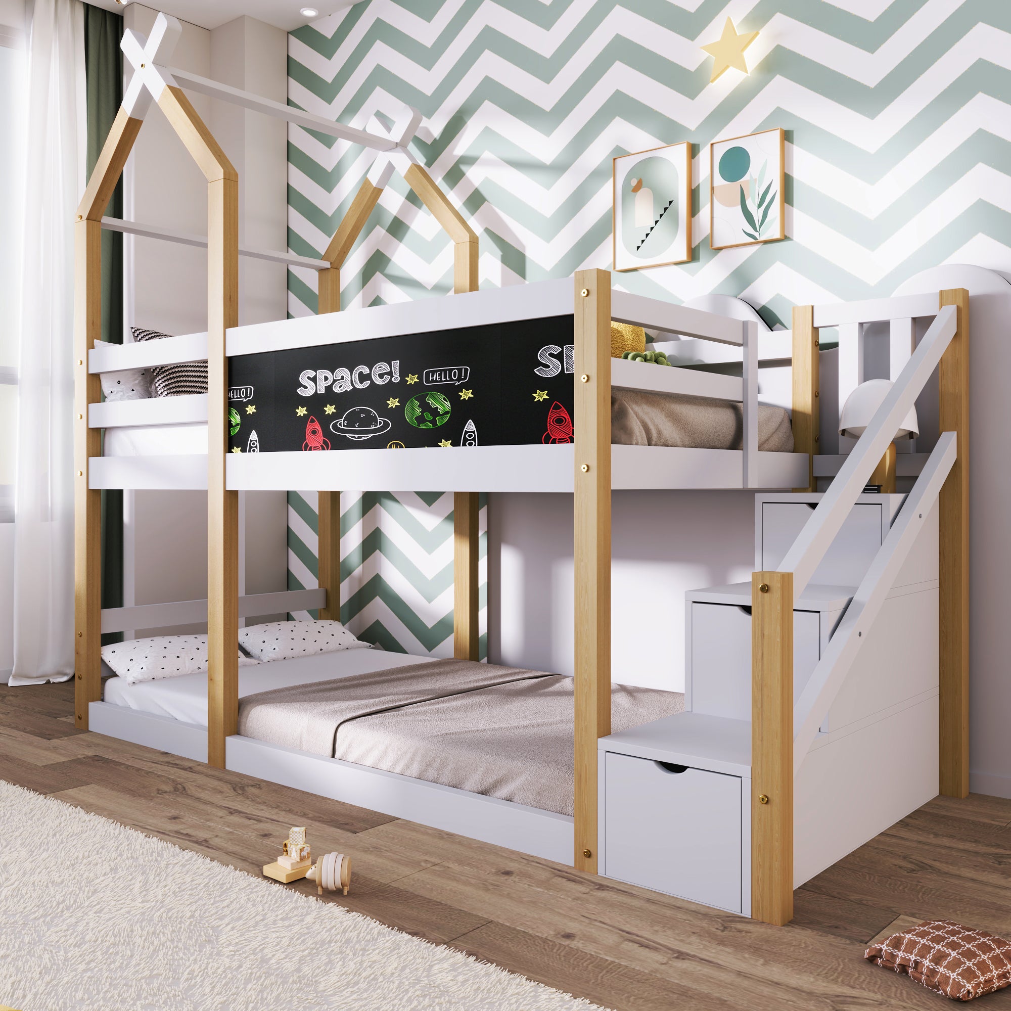 Lit Superposé Enfant Avec Tiroirs Et Bibliothèque – Cadre Cabane 90/120x200 Cm – Blanc + Naturel – Pin Et MDF – Capacité 136+272 Kg