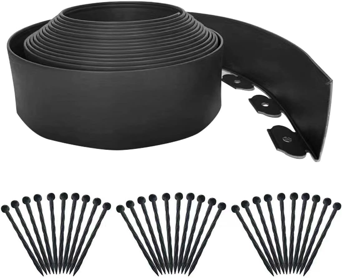 10-metrowa obrzeże ogrodowe, obrzeże rabatowe, wysokość 10 cm, z 30 gwoździami, wytrzymałe plastikowe ogrodzenie do grządek ogrodowych, czarne