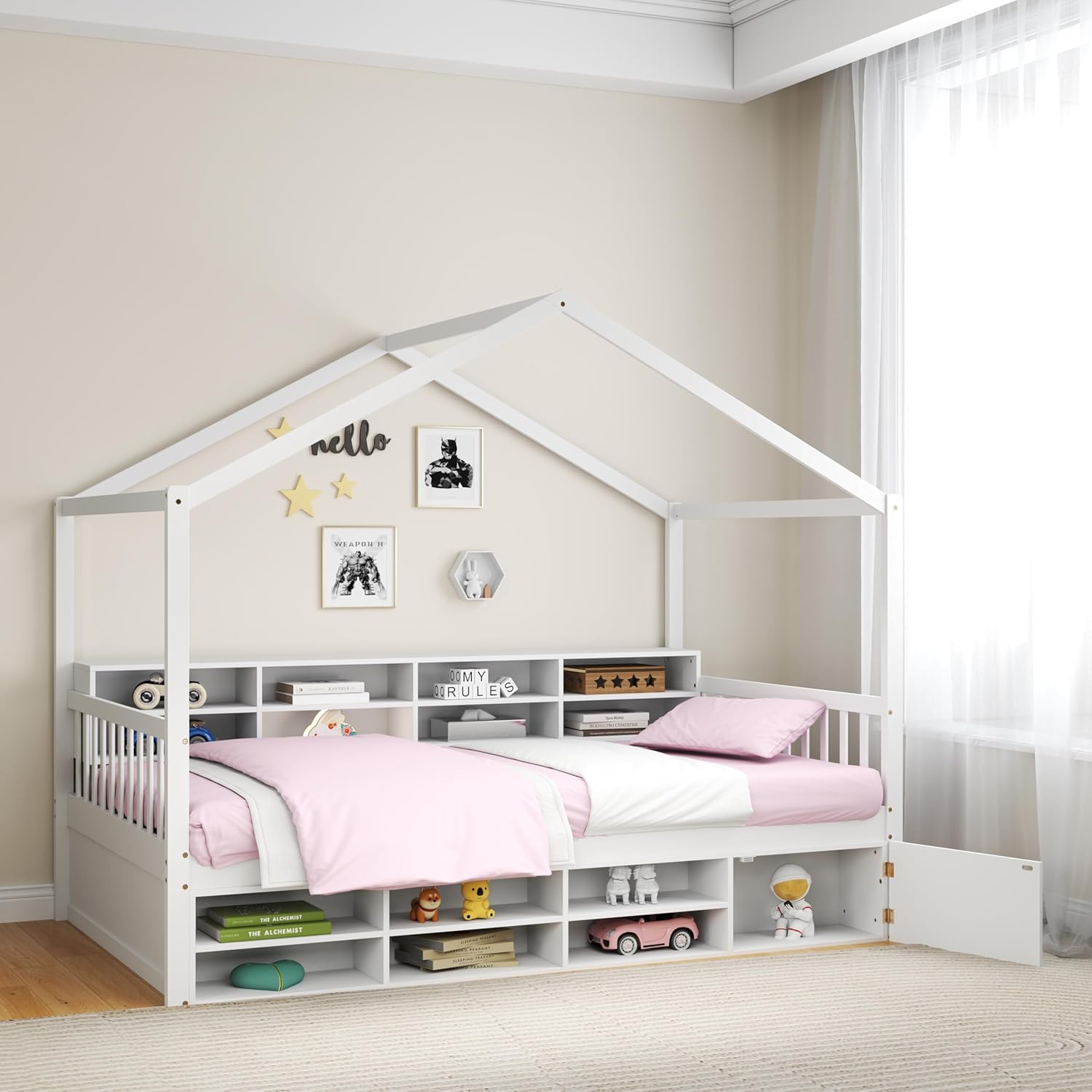 Łóżko Dziecięce Typu Domek 90 x 200 cm z Półkami do Zabawy, Drewnianym Stelażem, dla Chłopców, Dziewczynek, Nastolatków, Młodzieży, Nośność 200 kg