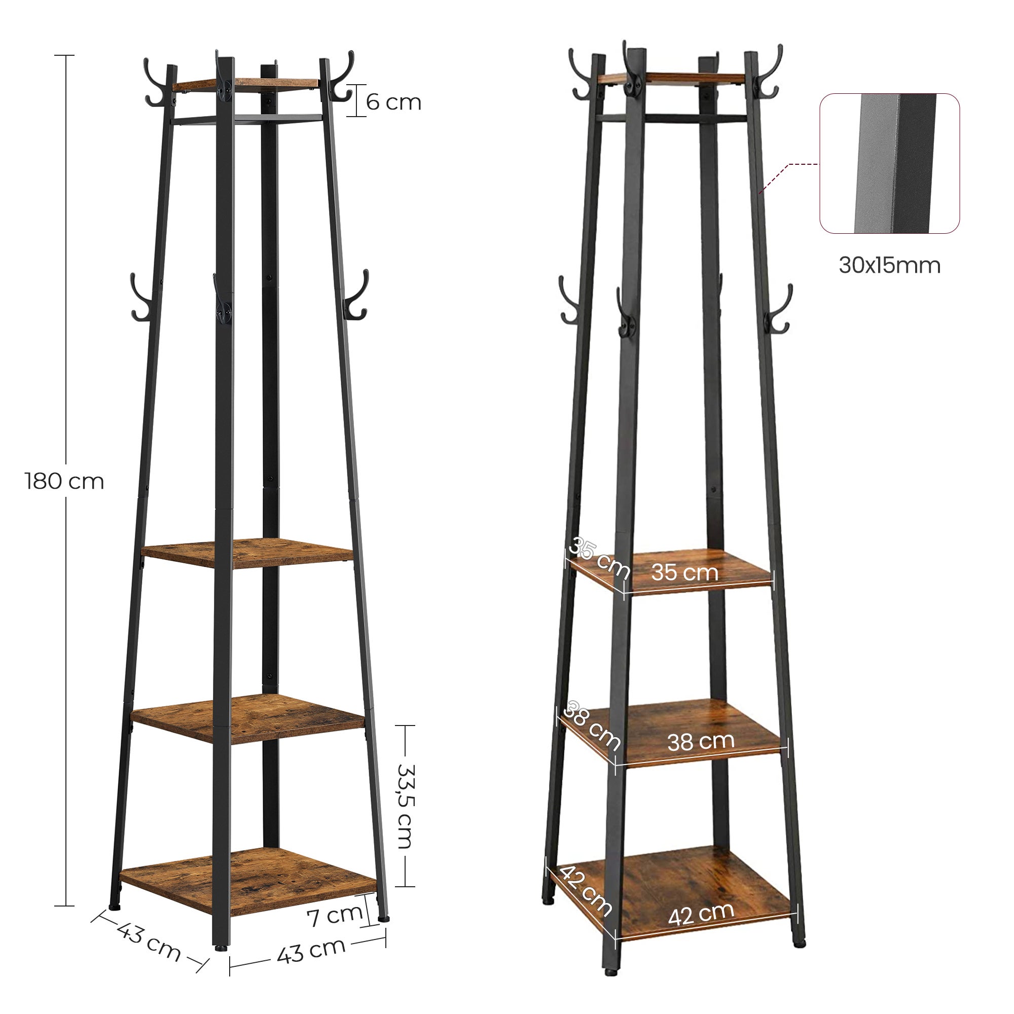 Vestiaire, 43 x 43 x 180 cm, Style rustique, Marron Rustique et Noir LCR80X - 5